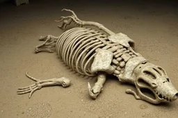 The petrified and crumbling skeleton of a colossal creature lying upside down on the ground