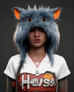 Realistic portrait, hybrid character, waitress sexy British woman with monster muppet mask that covers her entire head, Sesame Street style, retro style, pub, short shirt, tray, beer, old school tattoo, hot, smooth, unreal engine 5, god lights, ray tracing, RTX, lumen lighting, ultra detail, volumetric lighting, 3d.