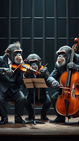 Four chimpanzees musicians wearing Papillons and suits three playing violins and the one is a playing. Cello each one is looking to a notes stands on a stage behind a prison bars , 4k , high quality picture