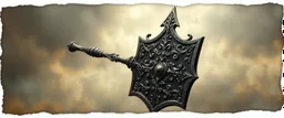 ornate war hammer and shield, pinhole cam, airbrush 3d rendering, in the style of John Atkinson Grimshaw , torn edges on border