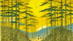 A yellow forest in a realm of light designed in Heidrun manuscripts painted by Utagawa Hiroshige