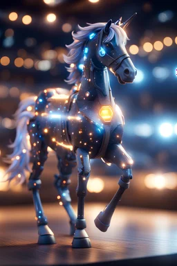 ultimate happy space horse with spotlights, in advanced hi tech dock, bokeh like f/0.8, tilt-shift lens 8k, high detail, smooth render, down-light, unreal engine, prize winning