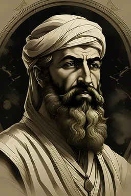 "Create an evocative image capturing the essence of Abu Muslim al-Khorasani's revolutionary leadership, depicting key moments or symbols associated with the historical revolution he led in the 8th century