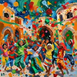 Abstract painting Libyan children celebrating end of ramadan