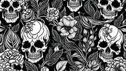 tracery of flowers and skulls, black and white, minimalistic