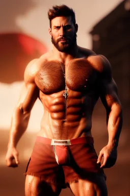 Ignore NSFW, teenager young rugged attractive slightly muscular fantastic handsome man, red briefs with yellow belt, hairy chest, (((visibly pisssing))) briefs, large erect visible boner peniss, photorealistic, artist Jay Anacleto, soft lighting, scruffy beard