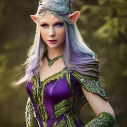 beautiful elven ranger queen with purple armor, delicate cyan braided hair, green glass eyes, white flowing dress, highly detailed, 8k, ambient light, taylor swift