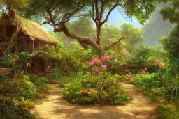 beautiful big flower tropical tree, little straw house dirty old abandoned, stream, bushes, grass and vine, small cliff, dwarf rocks, bright contrast, realistic painting, concept art, tropical forest background, hyperdetailed painting, by konstantin razumov