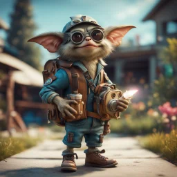 gremlins pimp hippie with rocket backpack in the backyard, in the style of a fallout 4,bokeh like f/0.8, tilt-shift lens 8k, high detail, smooth render, down-light, unreal engine, prize winning