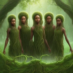 Painting .the faces of 5 young black women. Young women sitting wood nymphs emerging from the forest. THeir hair looks like vines. Dreadlocs. Their skin is the colour of dark soil. their skin looks like tree bark. Their clothing is made of vines, grass and leaves.