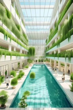 centro comercial minimalista con alberca y mucha vegetación y muchas personas