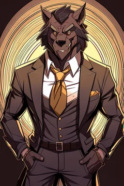 Buff, anthro, wolf, himbo, black fur, gold eyes, wearing a suit, full-body, muscles, strong, muscular, man boobs, bulky, tail, dark fur, smug grin, hands on hips, furry-himbo, broad shoulders, wide hips,