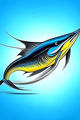 Logo Marlin fish. swimming marlin fast on black road with yellow lines sand on side of road so fast blue skin and silver lines Background long highway tall palm tree stron muscles fast fish running.