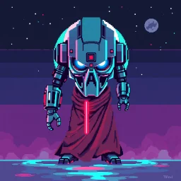 8 bit pixelart of a terminator like robot, synthwave colored, vaporware, budist monk robe