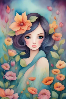 Painting of beautiful girl, watercolor painting, watercolor, by Jeremiah Ketner, beautiful painting, vibrant watercolor painting, flowers background, fine art, high quality