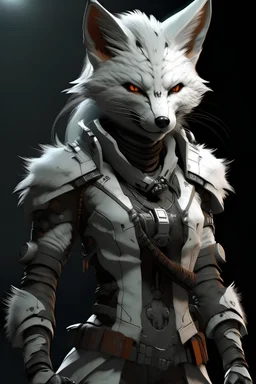 female anthropomorphic fox with scarred face, cyberpunk, white fur, leather armor, dual dagger