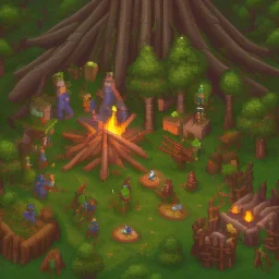 a group of people working on a base in the forest by a campfire in the medieval times, all in pixel art cartoony stile