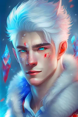 a portrait of an handsome male, 20 year old. red birth mark on face, open white shirt, shorts, white hair, super detailed, bright colors, ice magic, snow fox familiar,