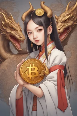 Bitcoin cryptocurrency in the hands of a traditional chinese girl, dragon