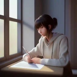 female student studying by the window, anime style, unreal engine 5, sun light, studio lighting --ar 1:1 --v 4