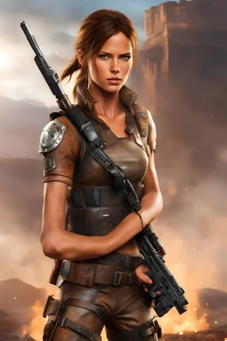 Realistic photo of young Lara Croft Tomb Raider character with brownish hair wearing torn iconic leather armor and is holding a pistol with a battlefield in the background