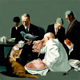 UN conference.a cat and human flesh-like surgical instruments and universe-like a pigeon and neuralink, surrealism,minimalism,Painting By Adrian Ghenie, Rene Magritte, Salvador Dali, Lucian Freud