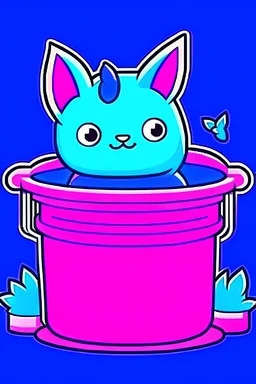 violet blue minecraft cute adorable axolotl in a bucket, cartoon lineart style, strong bold lines, pixelated, blocky, minecraft day background