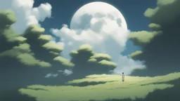 giant half transparent virtual moon, glitchy, blurry, maximum quality, centered on frame, far view, in the middle of a grassy hill, white sky with cumulonimbus, manga, makoto shinkai style