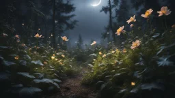 fragile flower in a storm. in flower forest at night, perfect composition, hyperrealistic, super detailed, 8k, high quality, trending art, trending on artstation, sharp focus, studio photo, intricate details, highly detailed, by greg rutkowski