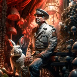 Broadway portrait of Eskimo macho gestapo army officer on a ladder inside glowing mushroom grove with huge fluffy space rabbit, 4 k, down-light, soft light, depth of field, photo realism, trending on art station, high detail, spray paint