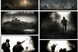 Masterpiece1:5)(Fineart), (award-winning:1.5), highest quality, (ultra realism:1.5) war journalism(,(by Tim Page and Hoorst Faas:1.5))(photorealistic:1.8),RAW pictures (Eastern Ukraine:(panel one:the moment after a battle ends, horrors of war, wounded men),(2nd panel, cinematic shot of men sitting in trench with 1000 yard stare (focus on their eyes:1.5)),(the third panel shows troops tired but hyper alert), (the fourth panel shows the sky is filled with incessant, fire and smoke,)