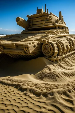 a military tank intricate scultpure , intricate sand art in a beach, sand sculpted,