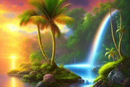 island waterfall palms twigs bubble spring sunset rainbow