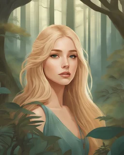 Un ritratto incantevole di una ragazza di 20 anni con lunghi capelli biondi, in mezzo a una foresta fantastica, gli alberi che formano una chioma naturale sopra, creature magiche che osservano dall'ombra, evocando un senso di meraviglia e mistero, Illustrazione , arte digitale con un tocco stravagante