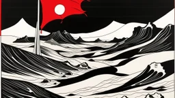 An abstract illustration by Kuniyoshi of a black and white desert landscape with a minimalist red pirate flag.