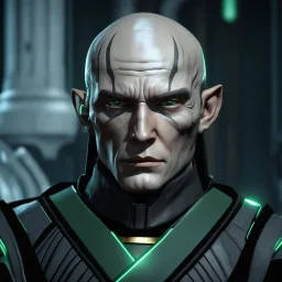 star wars bald male corellian jedi pilot wearing gunmetal grey and black old republic armored robes with gold trim inside the jedi temple holding a lightsaber with viridian green blade in left hand, centered head and shoulders portrait, hyperdetailed, dynamic lighting, hyperdetailed background, 8k resolution, volumetric lighting, light skin, fully symmetric details