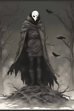 A humanoid figure with a raven/crow mask, a cloak, and high boots sitting in a darkened tree that surrounded by smoke