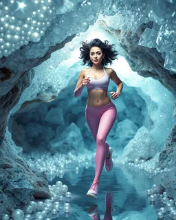 make a picture pretty crystal cave covered with jwellary and 3d recursive cubic and sphere base pearls and a beautiful goddess lady with cute,curvy hair,makeup, in pretty sports suit with jewels is running inside cave ,dynamic camera fallow her inside cave capturing full body, dynamic lights.