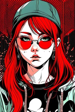 japan teenager girl with red hair wearing a sporty sweatshirt and baseball cap and sunglasses with red lenses, gabriel picolo comics style, cartoon background, 80's, negative black hoodie, negative baseball red cap, negative red background