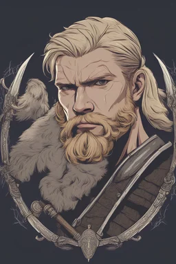 young guy, blonde short hair with beard, handsome, warrior, with weeapon in his hand, he is a viking