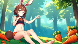 Girl, brown rabbit ears , brown rabbit tail, brown hair, open navel, forest, morning, carrot in hand, sit