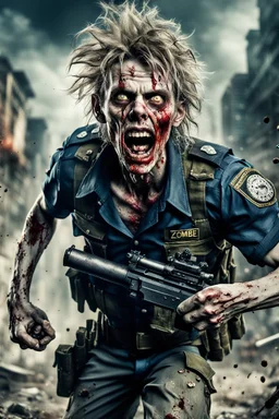 close-up ultra detailed and real looking image, 12k ultra high definition, sexy and cool looking zombie with human features, wild hair, he is a policeman, wearing a police uniform with bullet holes, epic action shot view of him storming towards camera with bazooka in hand, explosive and chaotic background, epic good looking zombie