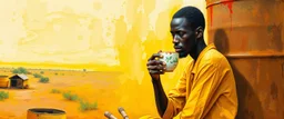 in Somalia, in small monotony, a small poor village a skinny tall young black man suffering from insomnia is sitting at a rusty oil barrel and drinks a delicious cup of extreme strong coffee, acrylic minimal impasto painting, wide angle, dynamic crude brush strokes, dusty yellow heat mood, peaceful vibe, tribal vibe, warm shades yellow, orange, green and black, with sparse deep red leak, wide angle, distant horizon