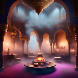 Luxurious persian palace, vapor, magic, genies, ifrit, extremely thick fog, interior, arabian nights, feast, hookah