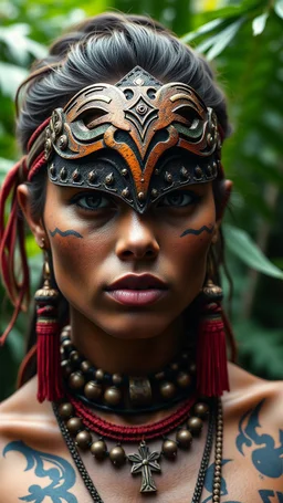 ultra HD shot of a strong young woman with eye mask Mayan features, tribal tattoos, textured copper skin, tribal jewelry, large, Background of the figure in a jungle environment.