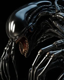 Photorealistic portrait, Alien Xenomorph, extreme close-up, detailed face-crab-like mech with a combination of alien and mechanical traits, sleek onyx exoskeleton, bioluminescent veins, articulated metallic appendages, realistic lighting to emphasize the fusion of organic and synthetic.