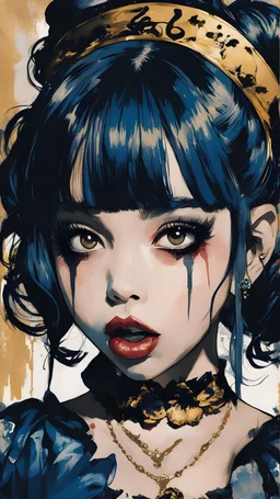 Poster in two gradually, a one side malevolent goth vampire girl face and other side the Singer Melanie Martinez face, painting by Yoji Shinkawa, darkblue and gold tones,