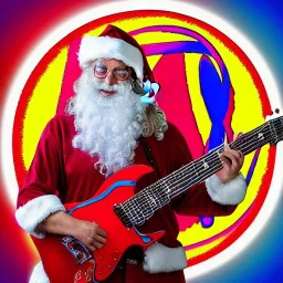 hippie Santa playing electric guitar psychedelic peace sign