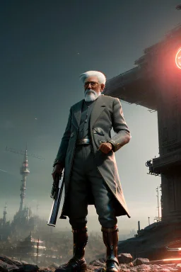 Old man Cyborg anime warrior, grey hair, trimmed grey goatee, brown eyes, waist up portrait, 4k resolution, intricate details, ornate details, soft lighting, vibrant colors, retroanime, futuristic cityscape background