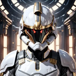 star wars bald male corellian pilot wearing pearlescent black and gunmetal grey First Order special forces heavy assault armor and helmet with gold trim inside the jedi temple, centered portrait, hyperdetailed, dynamic lighting, hyperdetailed background, 8k resolution, volumetric lighting, light skin, fully symmetric details